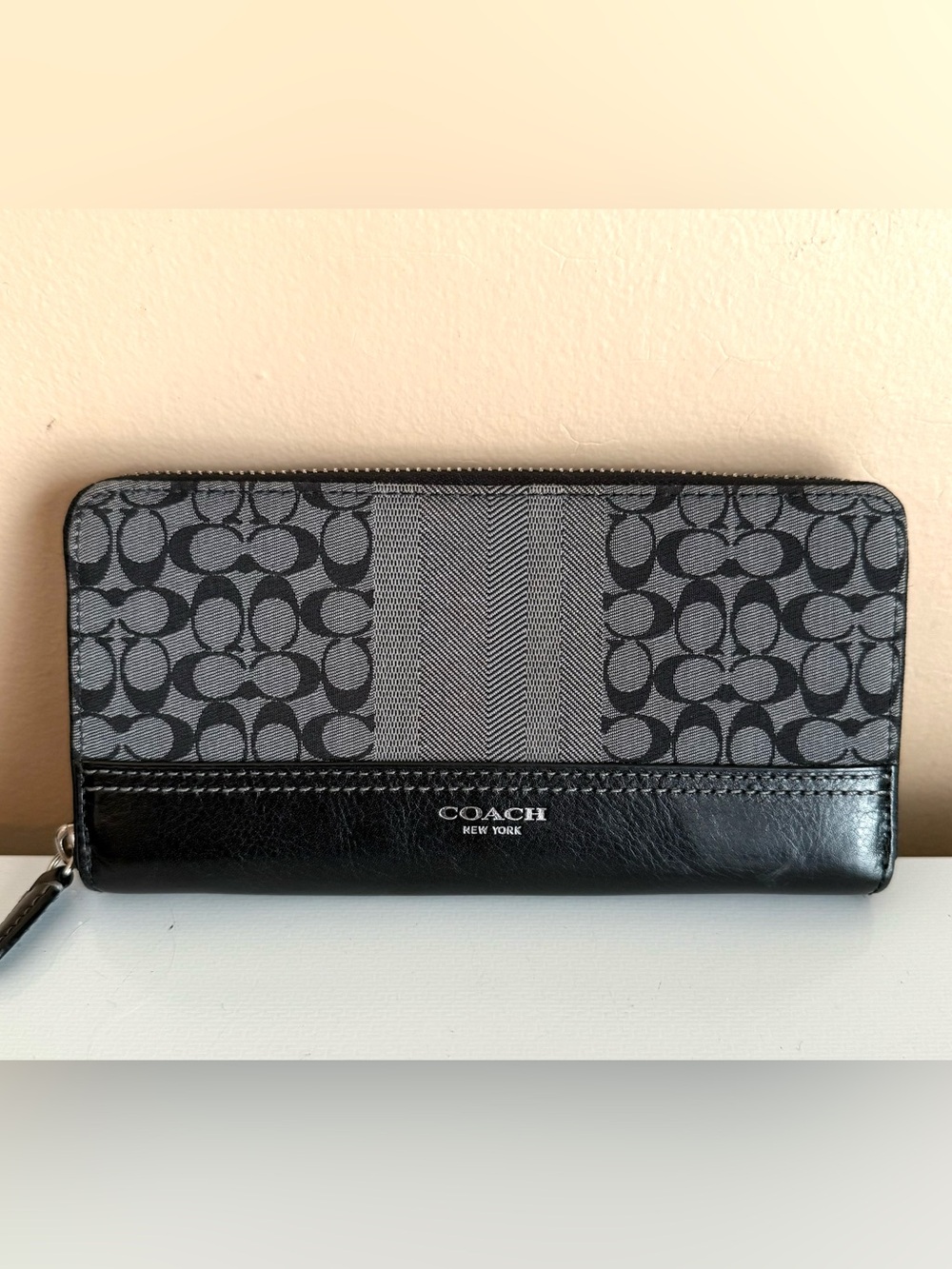 Coach Gray and Black Signature Zip Wallet